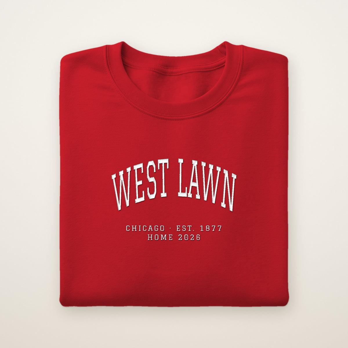 West Lawn Chicago Home 2026 Embroidered Crewneck — White Thread on Red