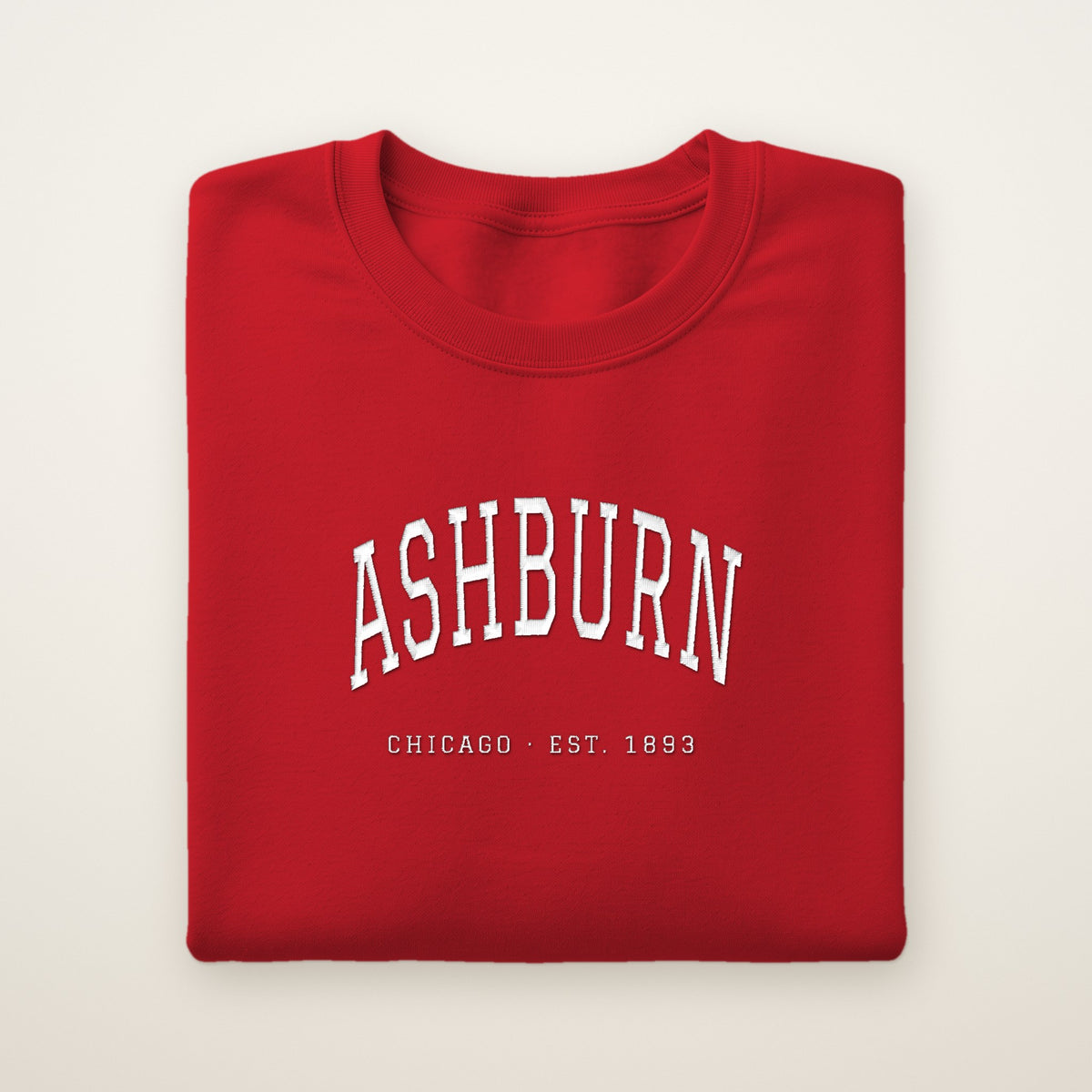 Ashburn Chicago Embroidered Crewneck — White Thread on Red