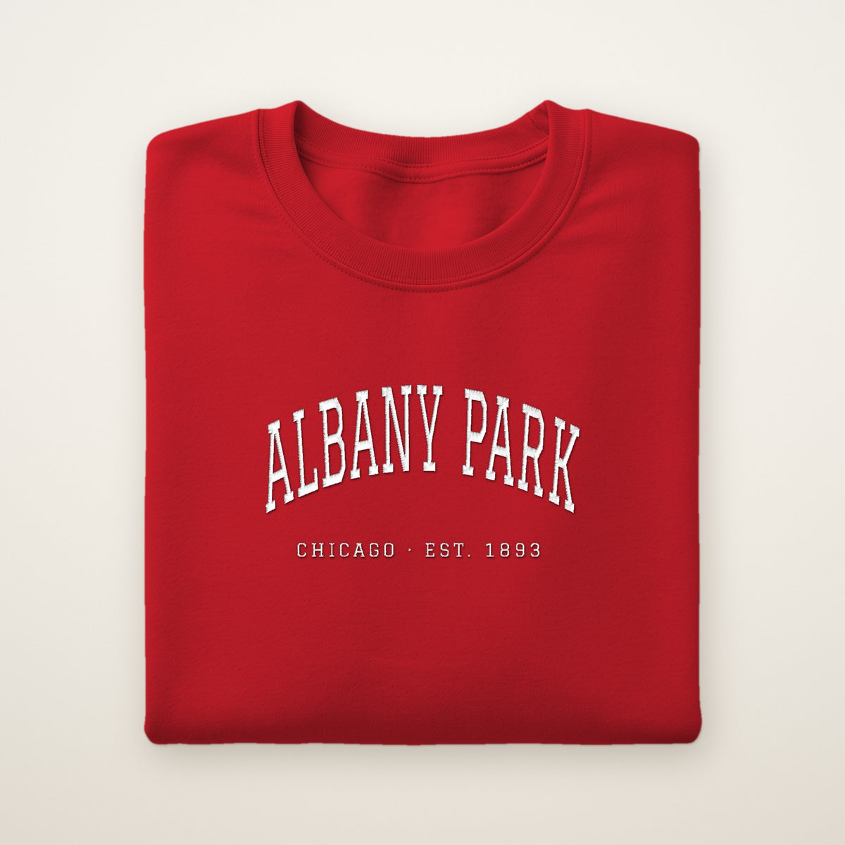 Albany Park Chicago Embroidered Crewneck — White Thread on Red