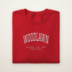 Woodlawn Chicago Home 2026 Embroidered Crewneck — White Thread on Red