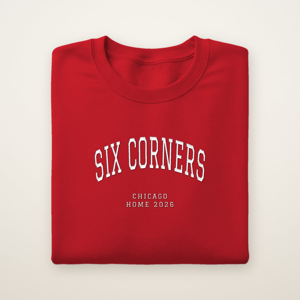 Six Corners Chicago Home 2026 Embroidered Crewneck — White Thread on Red