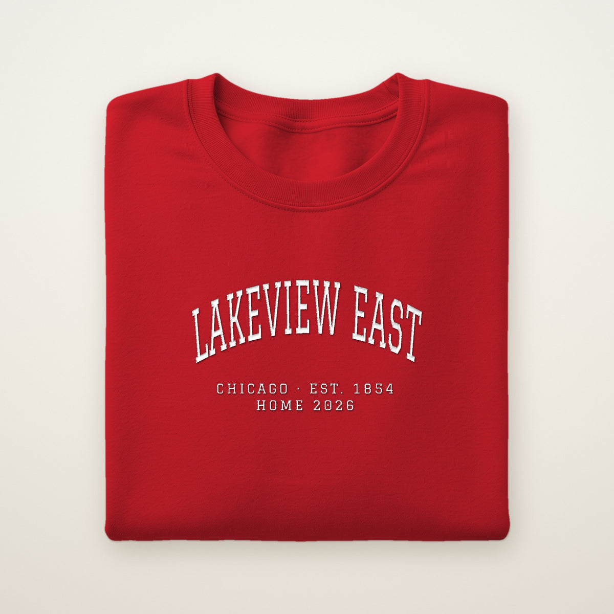 Lakeview East Chicago Home 2026 Embroidered Crewneck — White Thread on Red