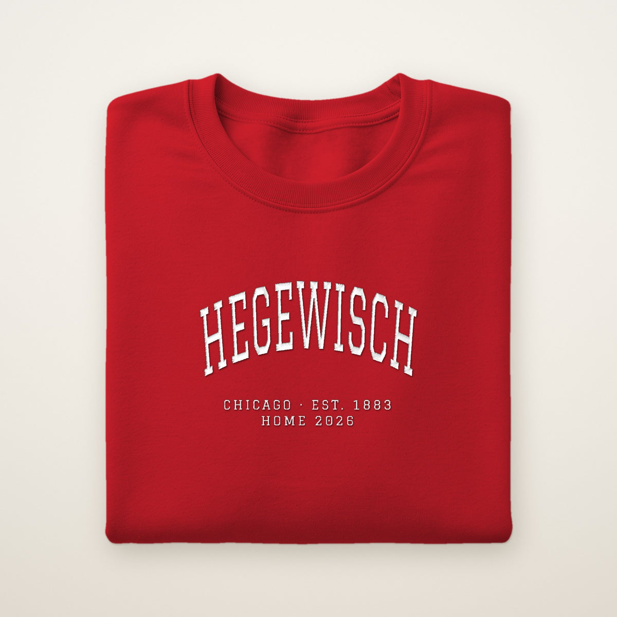 Hegewisch Chicago Home 2026 Embroidered Crewneck — White Thread on Red