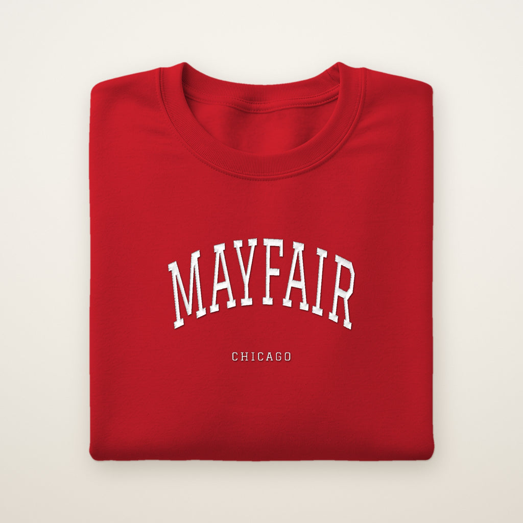 Mayfair Chicago Embroidered Crewneck — White Thread on Red