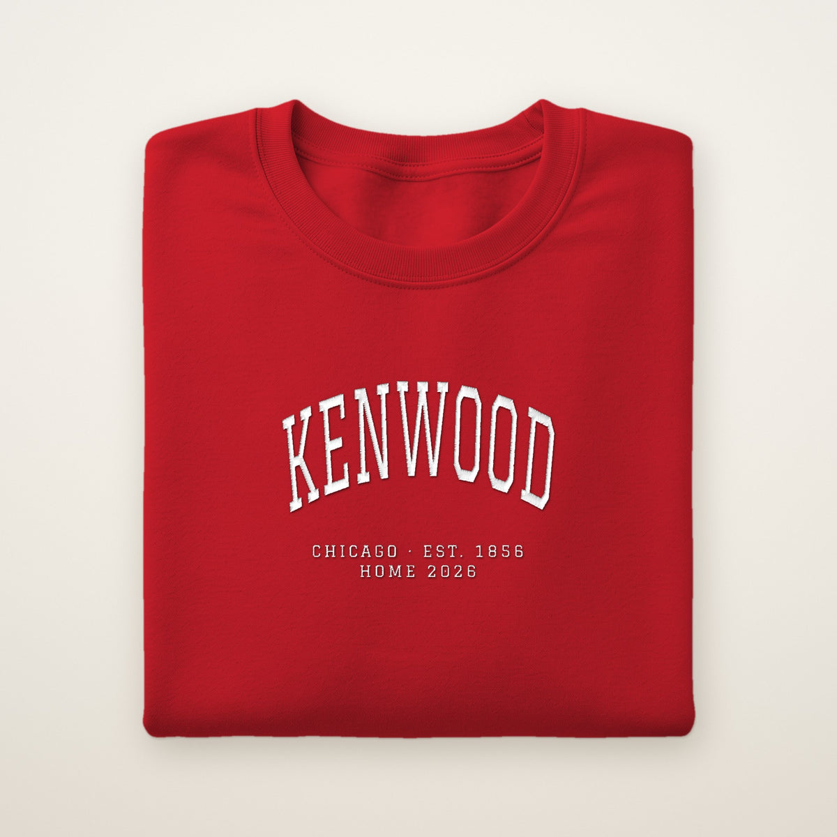 Kenwood Chicago Home 2026 Embroidered Crewneck — White Thread on Red