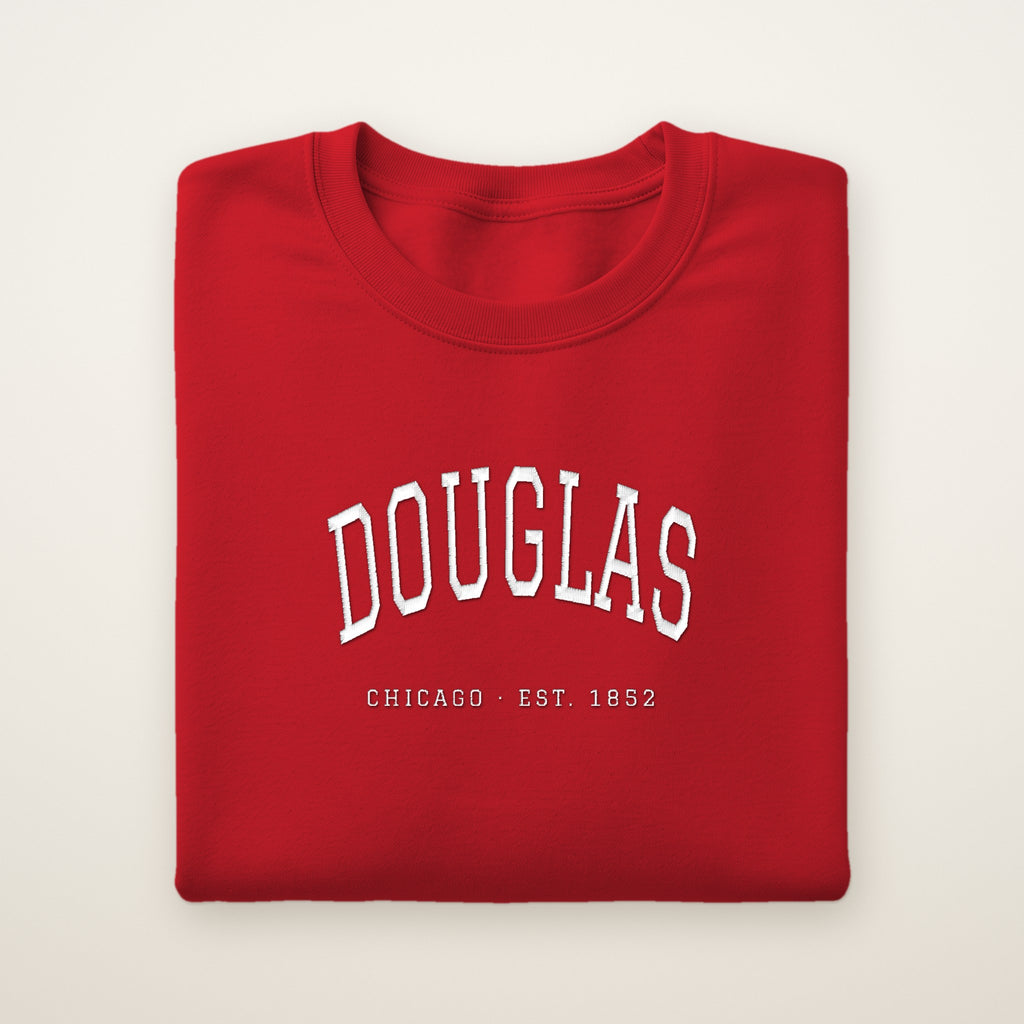 Douglas Chicago Embroidered Crewneck — White Thread on Red
