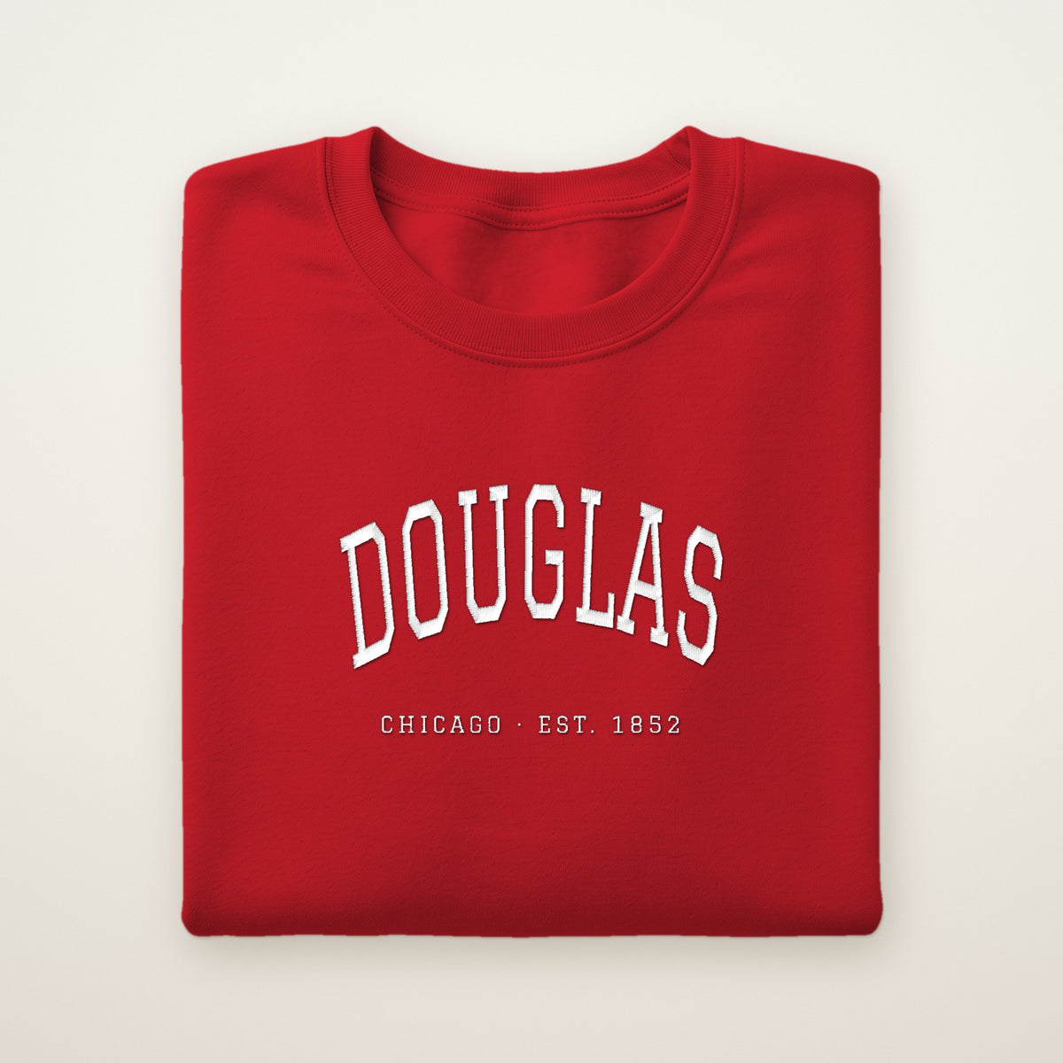 Douglas Chicago Embroidered Crewneck — White Thread on Red