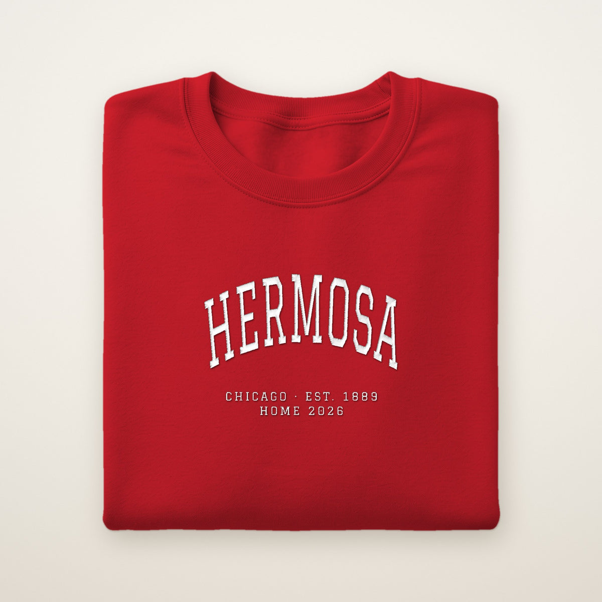 Hermosa Chicago Home 2026 Embroidered Crewneck — White Thread on Red