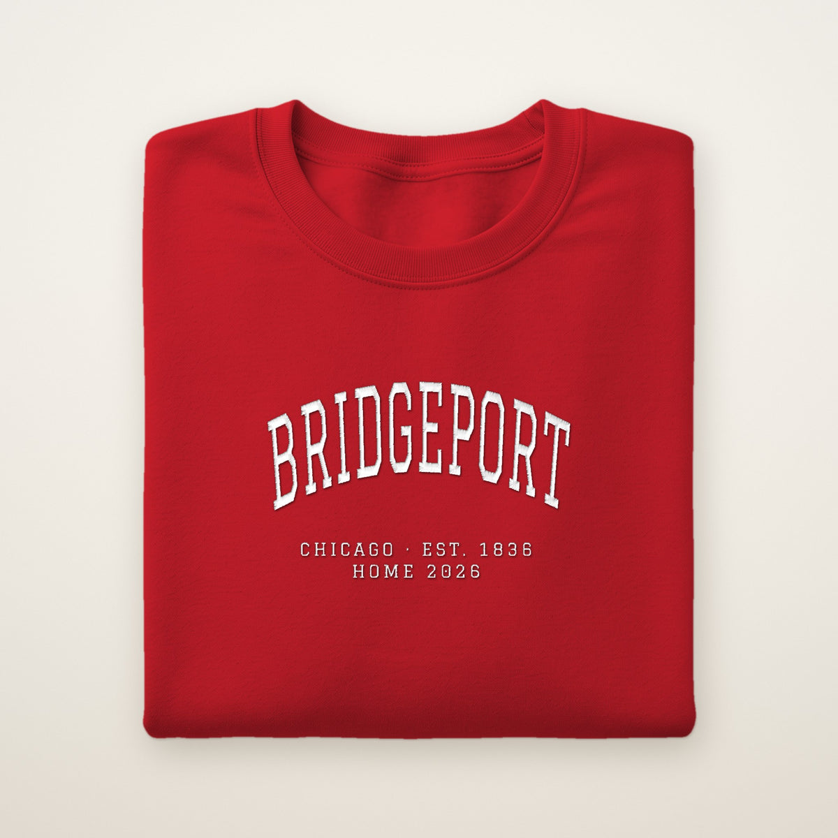 Bridgeport Chicago Home 2026 Embroidered Crewneck — White Thread on Red