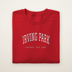 Irving Park Chicago Embroidered Crewneck — White Thread on Red