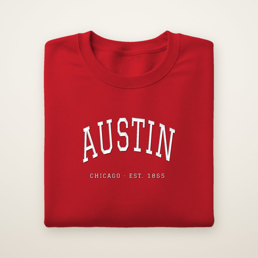 Austin Chicago Embroidered Crewneck — White Thread on Red