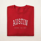 Austin Chicago Embroidered Crewneck — White Thread on Red