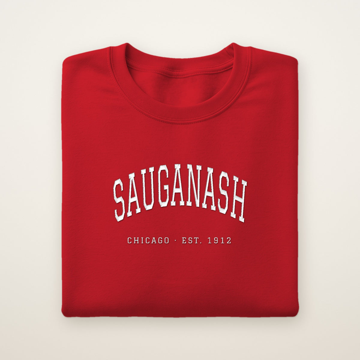 Sauganash Chicago Embroidered Crewneck — White Thread on Red
