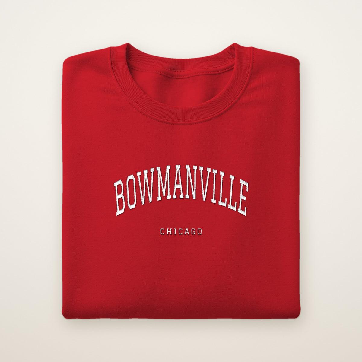 Bowmanville Chicago Embroidered Crewneck — White Thread on Red
