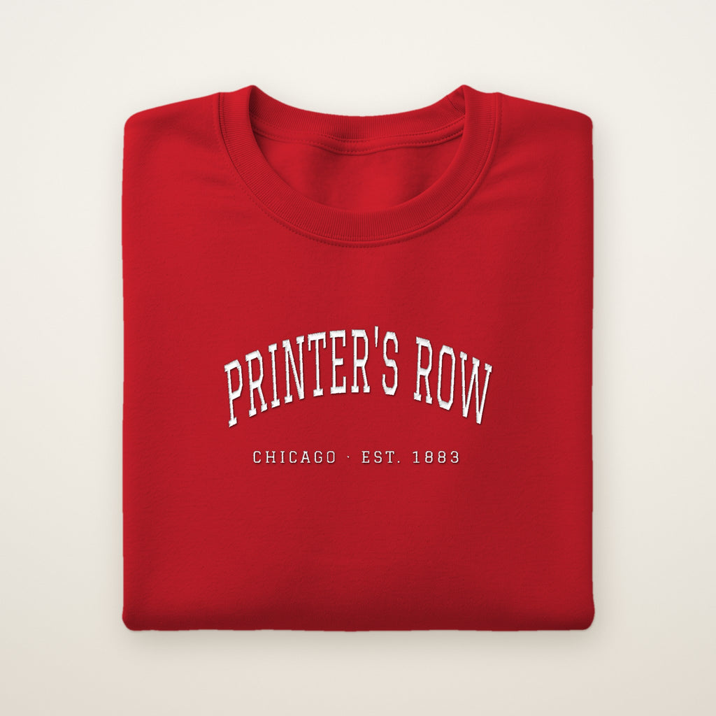 Printer's Row Chicago Embroidered Crewneck — White Thread on Red