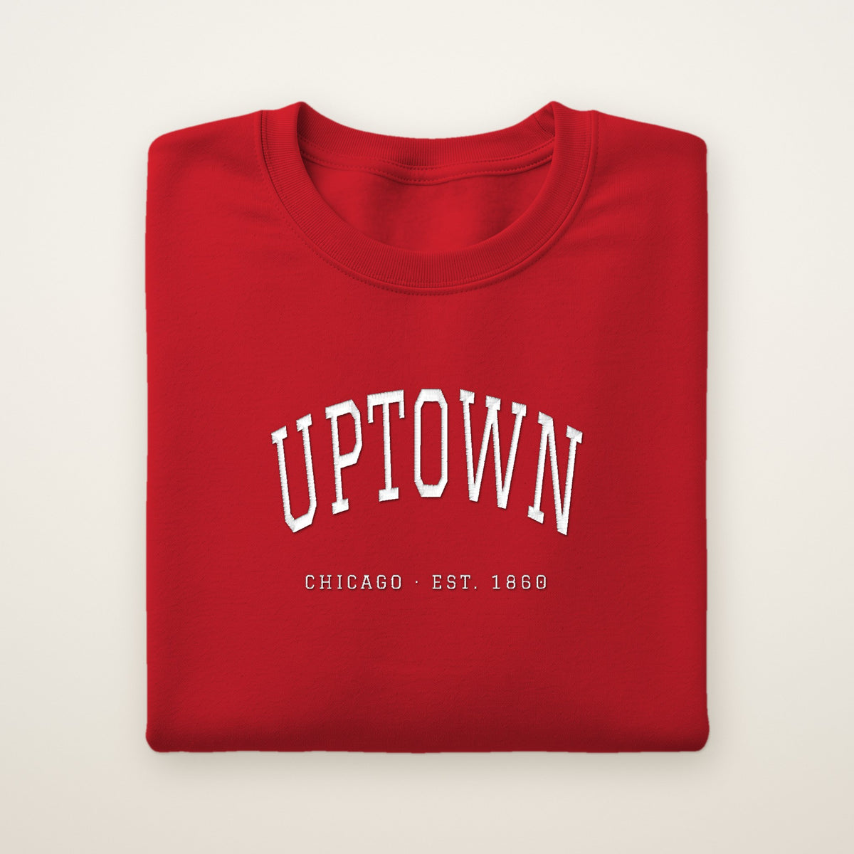 Uptown Chicago Embroidered Crewneck — White Thread on Red
