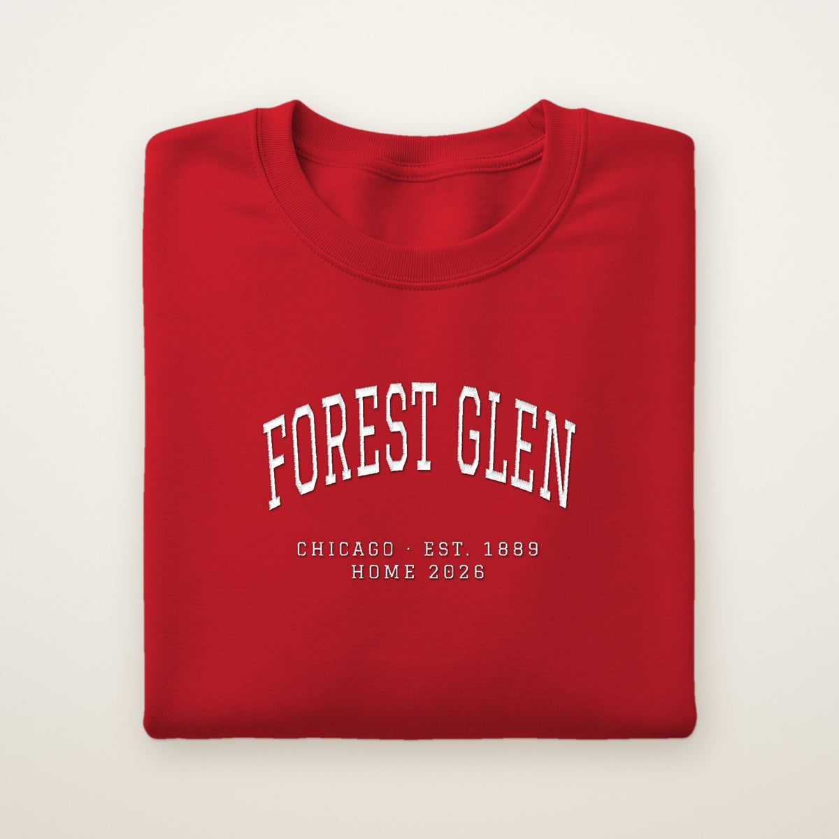 Forest Glen Chicago Home 2026 Embroidered Crewneck — White Thread on Red