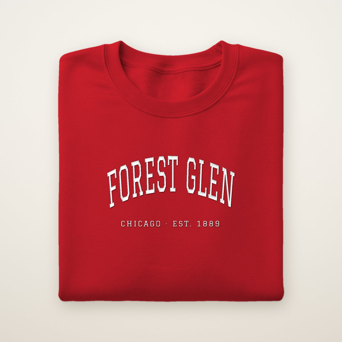Forest Glen Chicago Embroidered Crewneck — White Thread on Red