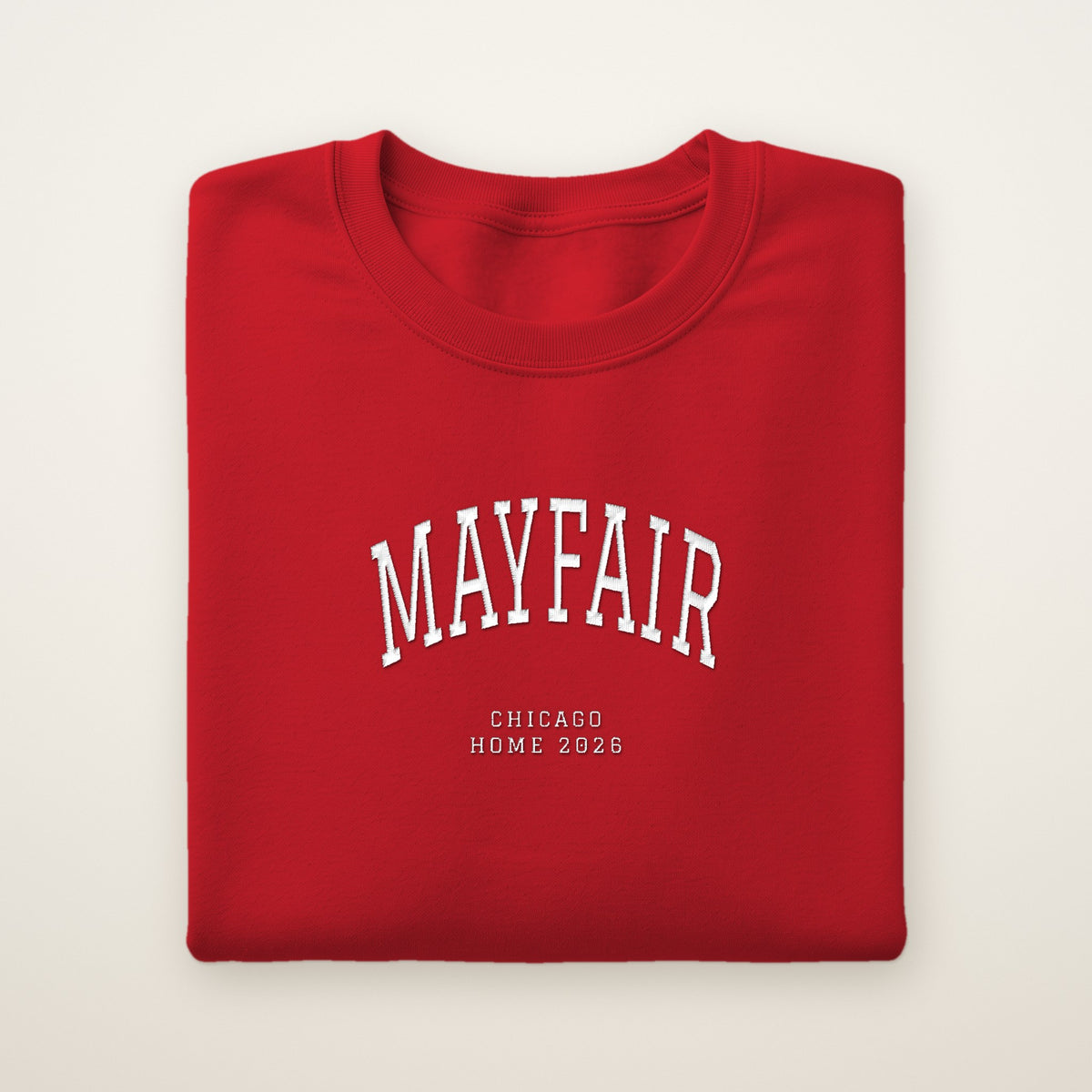 Mayfair Chicago Home 2026 Embroidered Crewneck — White Thread on Red