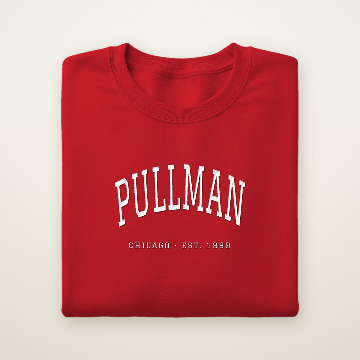 Pullman Chicago Embroidered Crewneck — White Thread on Red