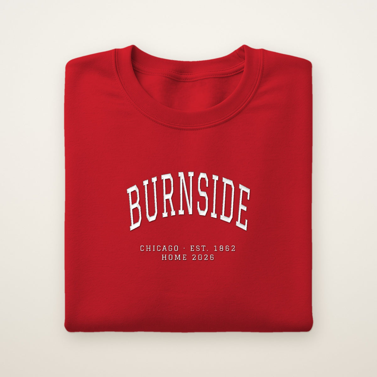 Burnside Chicago Home 2026 Embroidered Crewneck — White Thread on Red