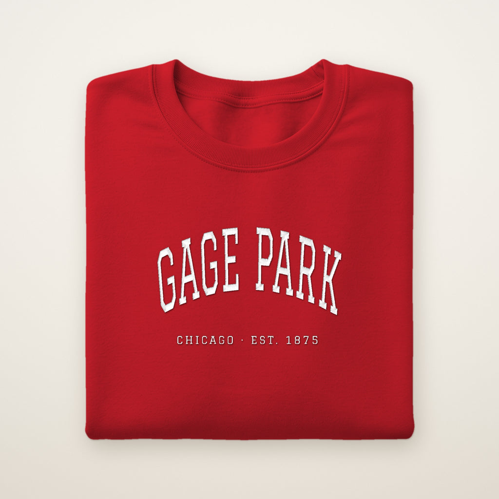 Gage Park Chicago Embroidered Crewneck — White Thread on Red