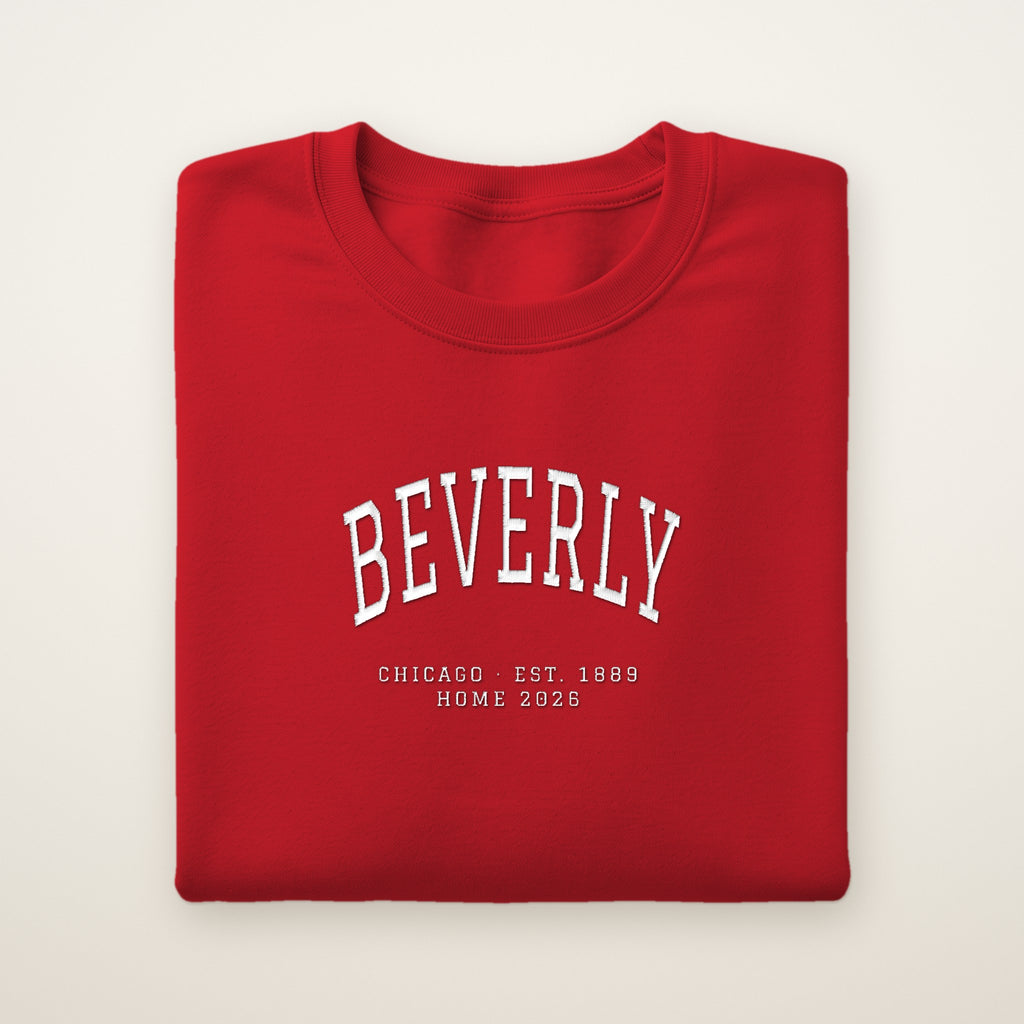 Beverly Chicago Home 2026 Embroidered Crewneck — White Thread on Red