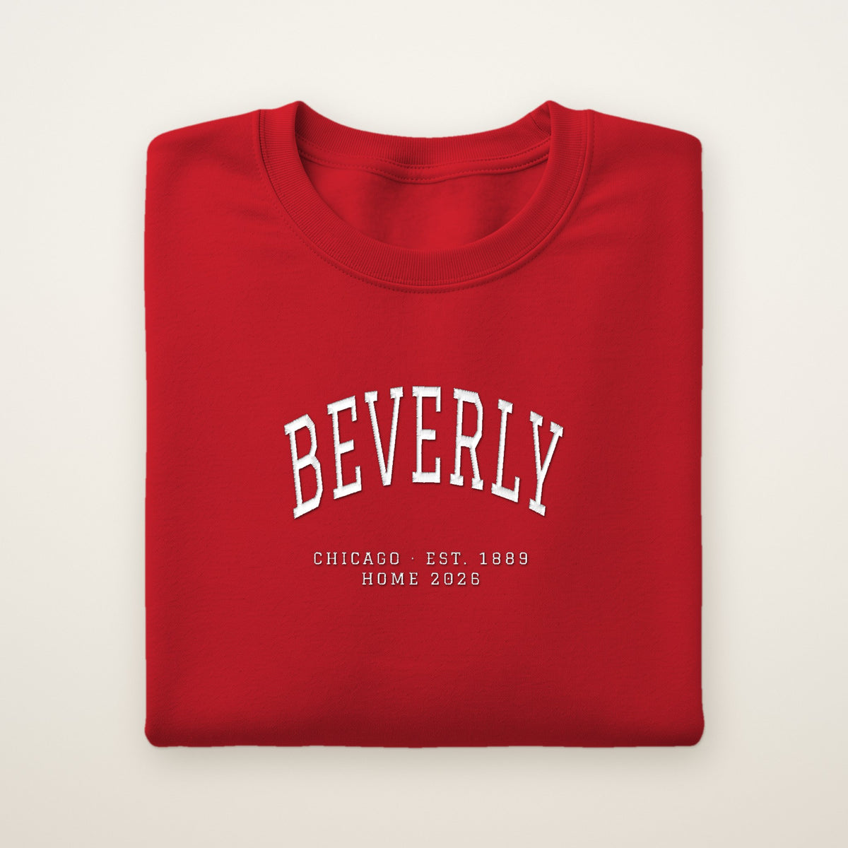 Beverly Chicago Home 2026 Embroidered Crewneck — White Thread on Red