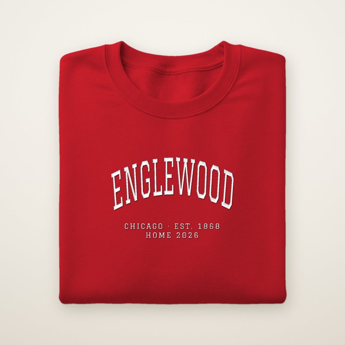 Englewood Chicago Home 2026 Embroidered Crewneck — White Thread on Red