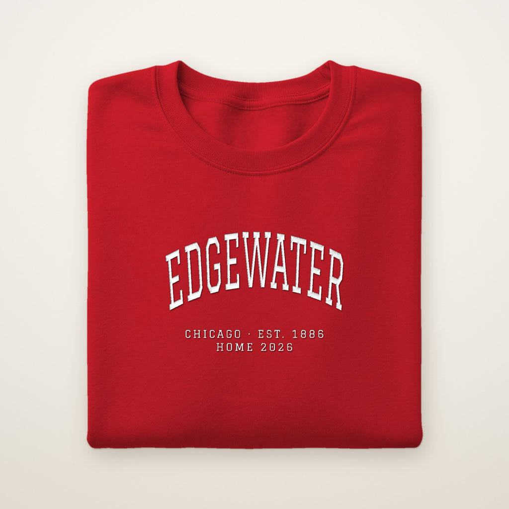 Edgewater Chicago Home 2026 Embroidered Crewneck — White Thread on Red