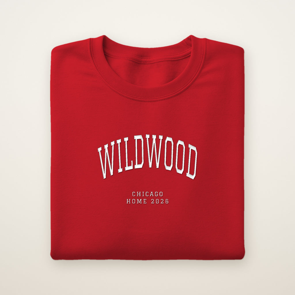 Wildwood Chicago Home 2026 Embroidered Crewneck — White Thread on Red