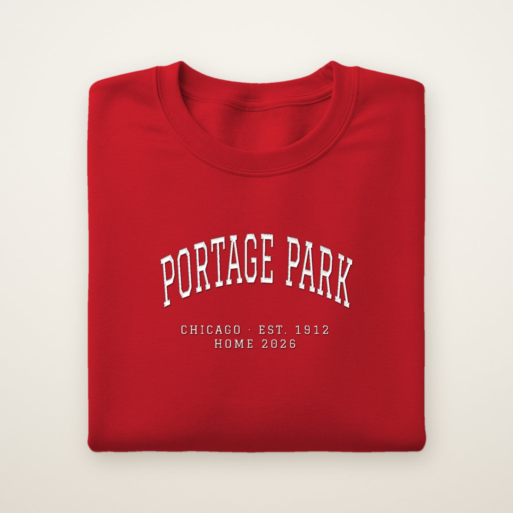 Portage Park Chicago Home 2026 Embroidered Crewneck — White Thread on Red