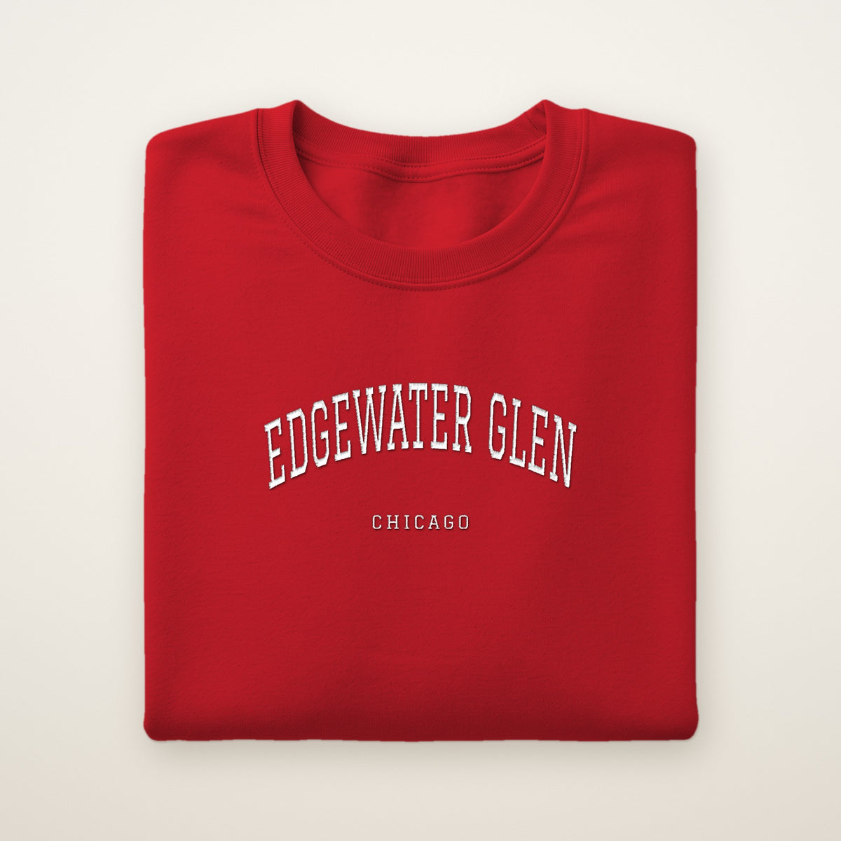 Edgewater Glen Chicago Embroidered Crewneck — White Thread on Red