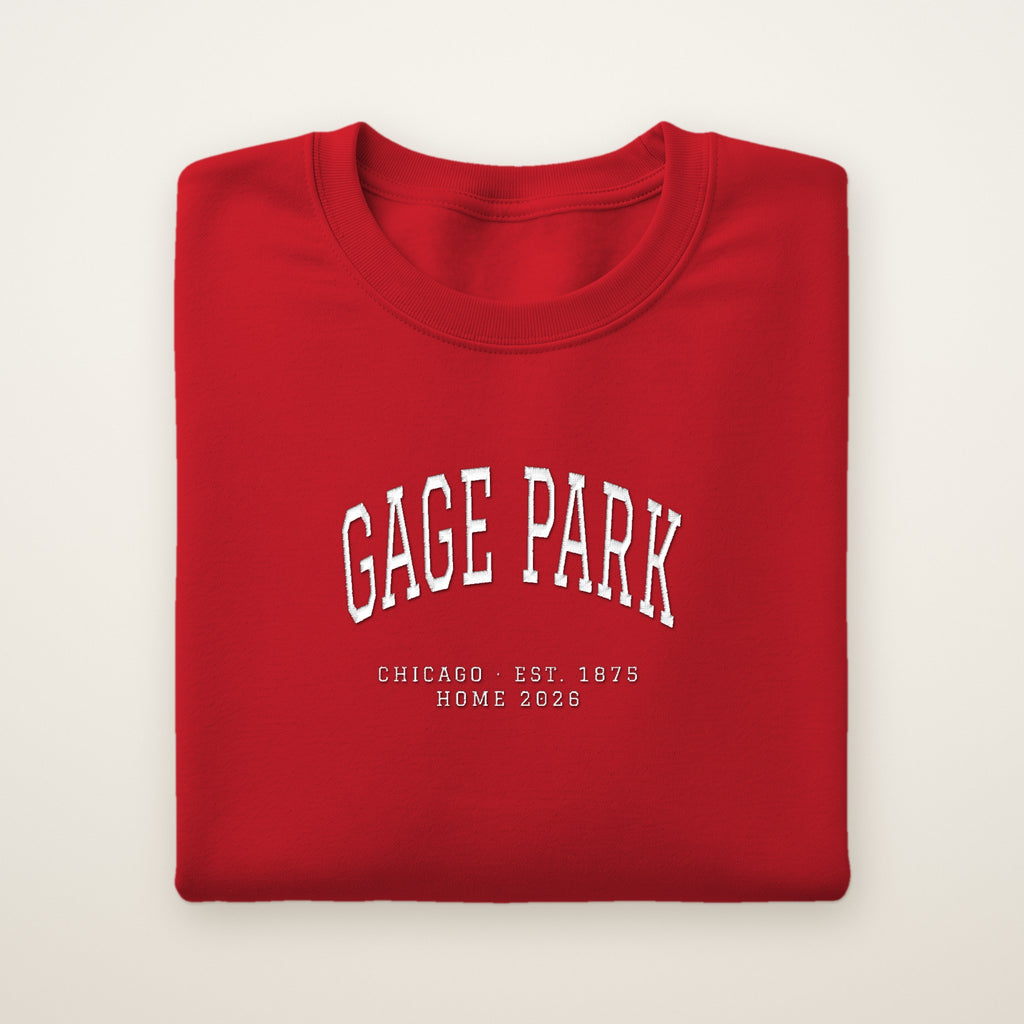 Gage Park Chicago Home 2026 Embroidered Crewneck — White Thread on Red