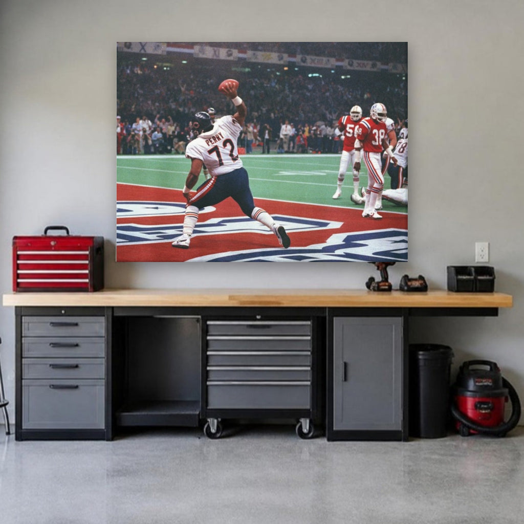 Refrigerator Perry Canvas Wall Art | Chicago Bears in a garage workshop