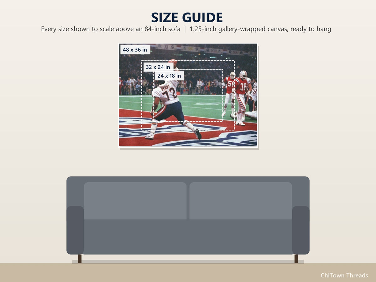 Refrigerator Perry Canvas Wall Art | Chicago Bears — size guide: 24 x 18, 32 x 24, 48 x 36 in to scale above a sofa