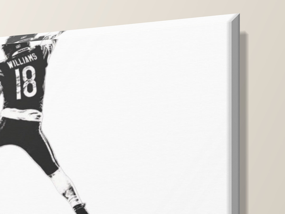 Retro Caleb Williams Canvas Wall Art | Minimal Black & White — close-up of the gallery-wrapped corner and 1.25-inch edge