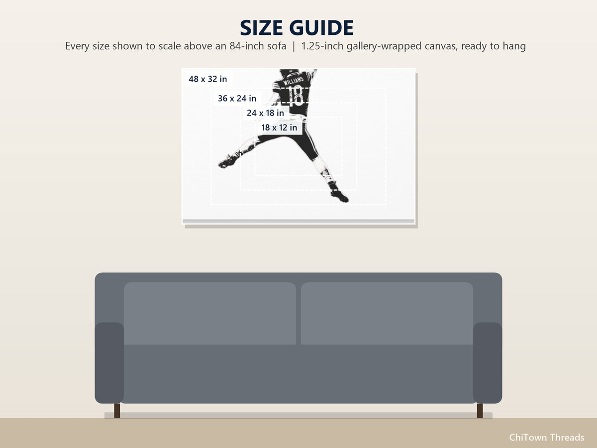 Retro Caleb Williams Canvas Wall Art | Minimal Black & White — size guide: 18 x 12, 24 x 18, 36 x 24, 48 x 32 in to scale above a sofa