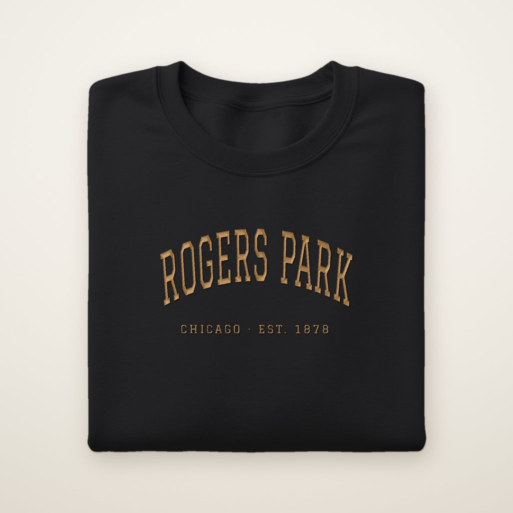 Rogers Park Chicago embroidered crewneck sweatshirt, Black, gold embroidery
