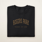 Rogers Park Chicago embroidered crewneck sweatshirt, Black, gold embroidery