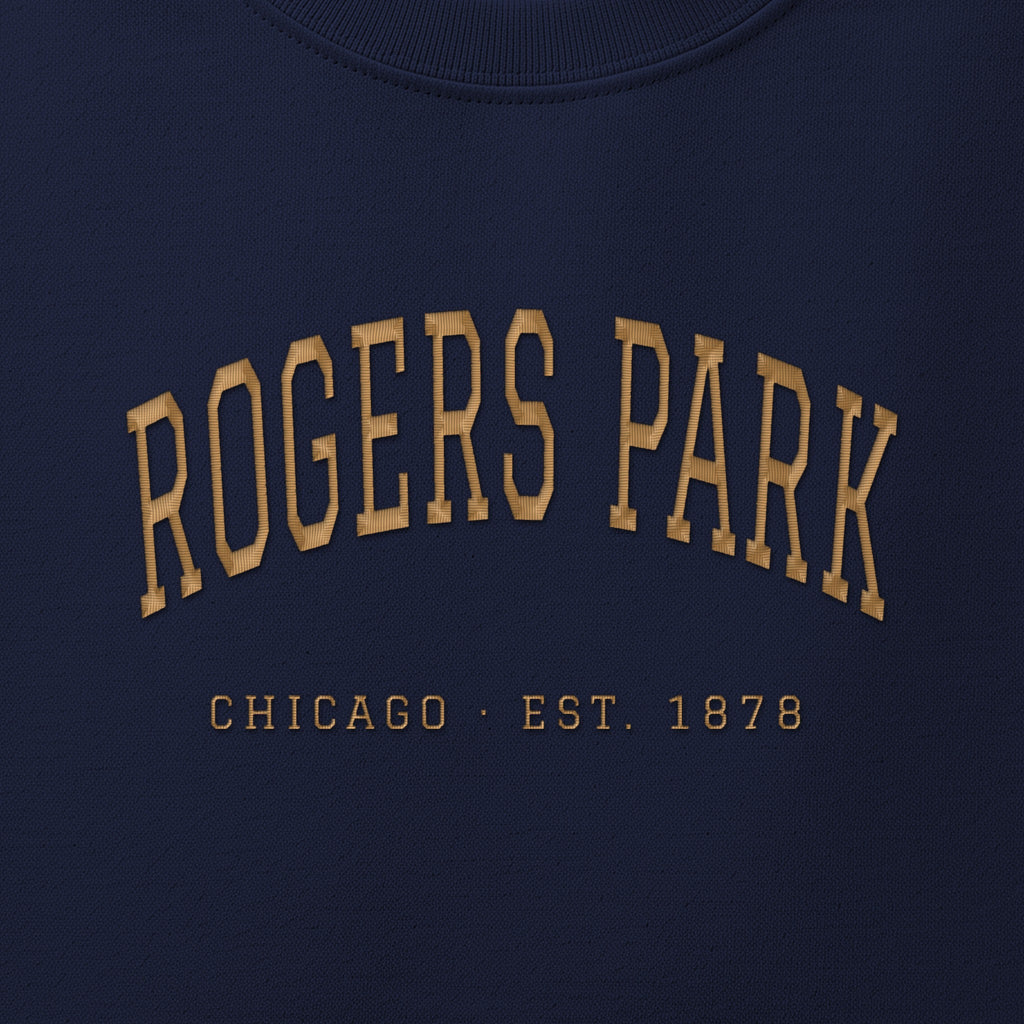 Close-up of gold satin-stitch Rogers Park embroidery