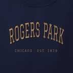 Close-up of gold satin-stitch Rogers Park embroidery