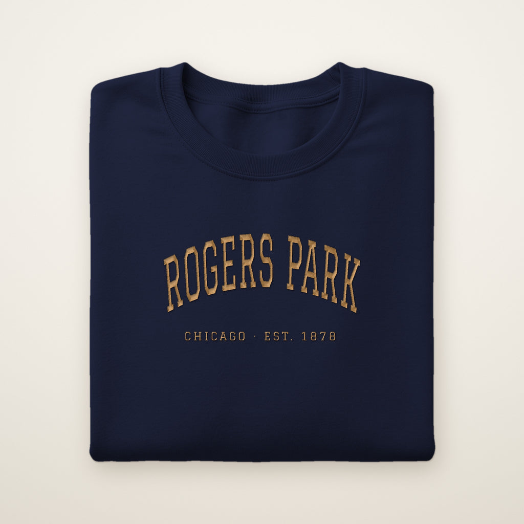 Rogers Park Chicago embroidered crewneck sweatshirt, Navy, gold embroidery