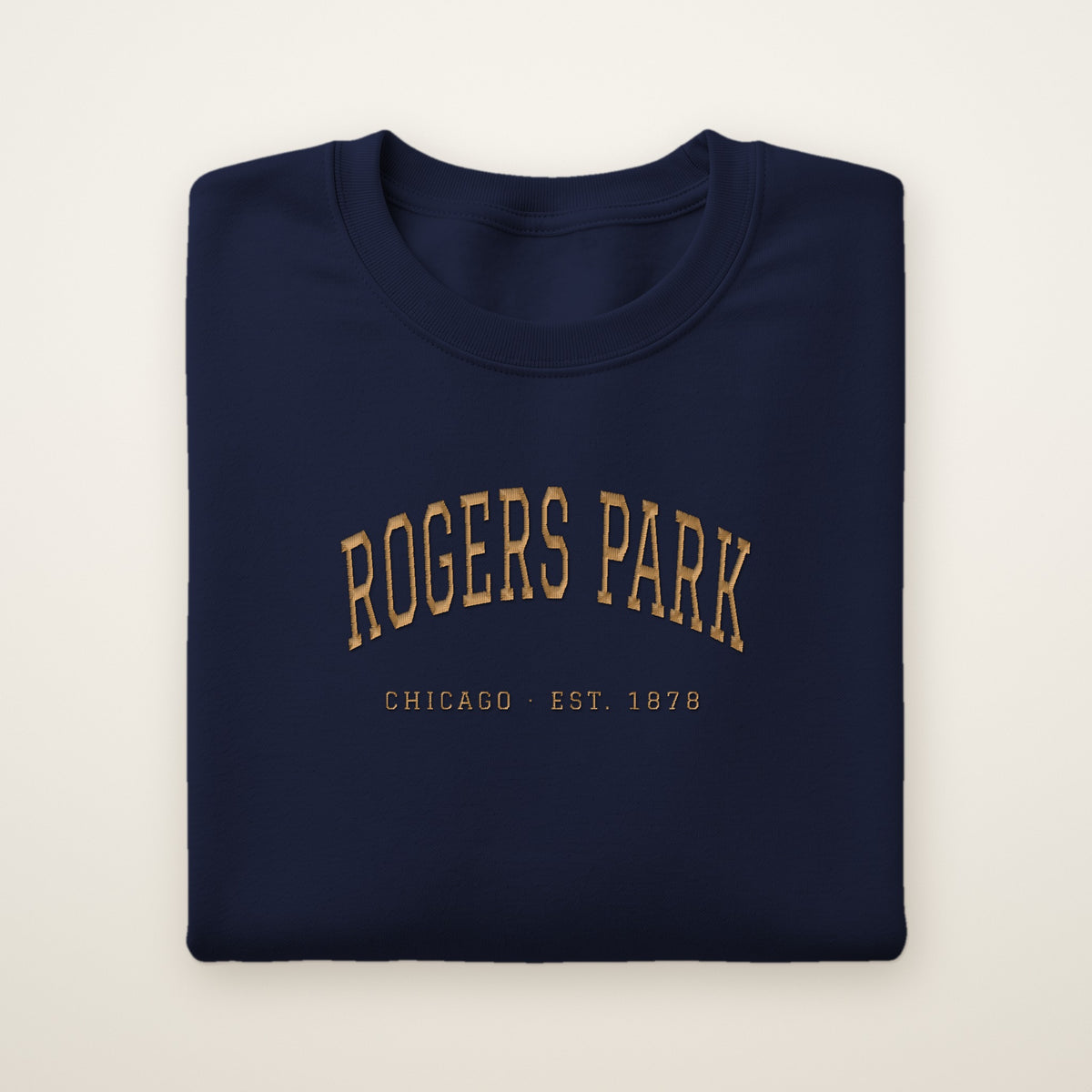 Rogers Park Chicago embroidered crewneck sweatshirt, Navy, gold embroidery