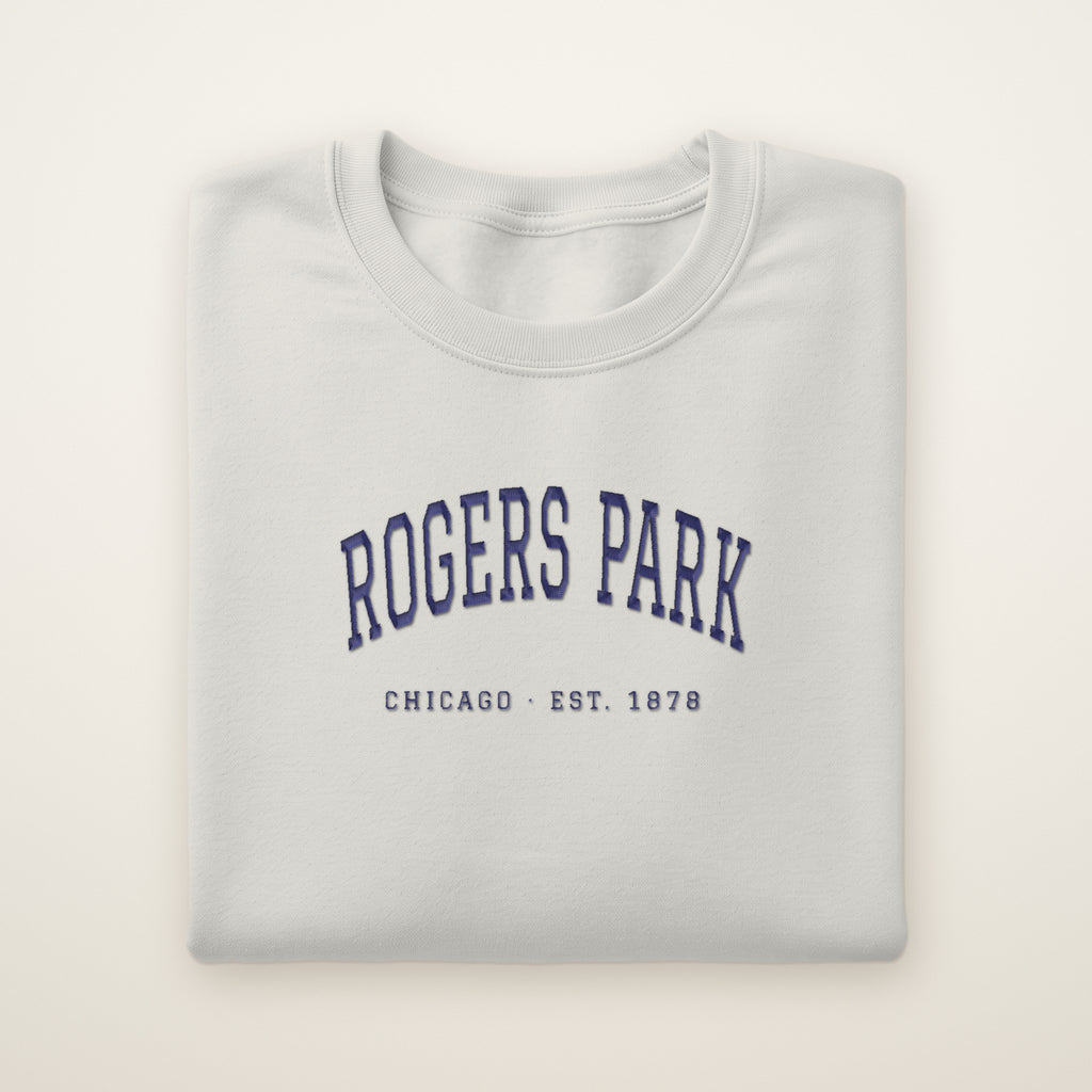 Rogers Park Chicago embroidered crewneck sweatshirt, Ash, navy embroidery