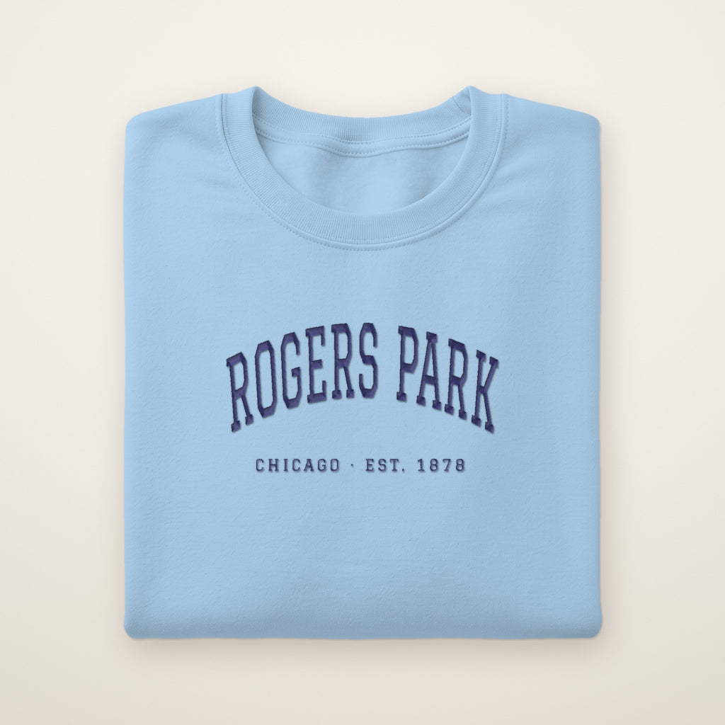 Rogers Park Chicago embroidered crewneck sweatshirt, Light Blue, navy embroidery