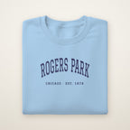 Rogers Park Chicago embroidered crewneck sweatshirt, Light Blue, navy embroidery