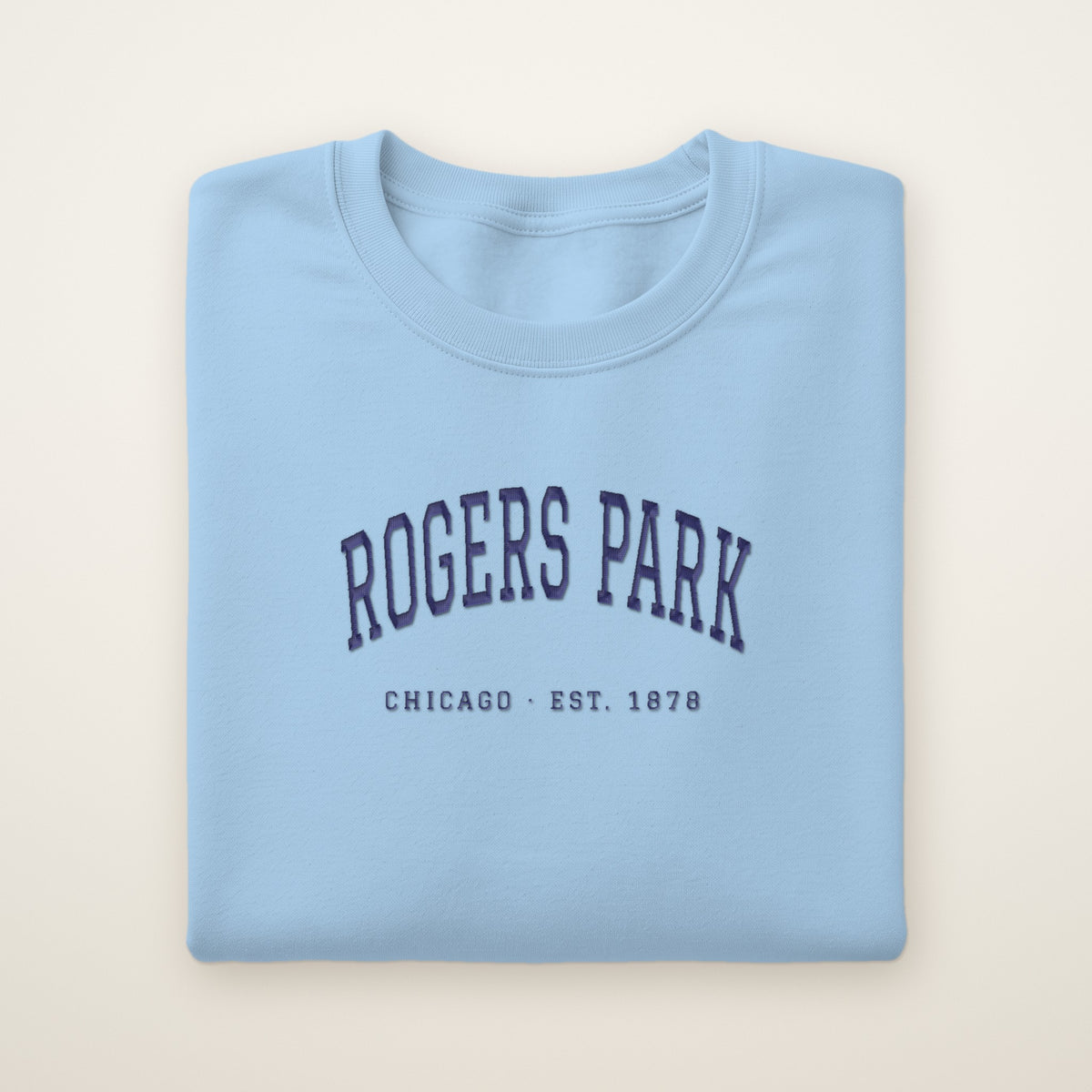 Rogers Park Chicago embroidered crewneck sweatshirt, Light Blue, navy embroidery