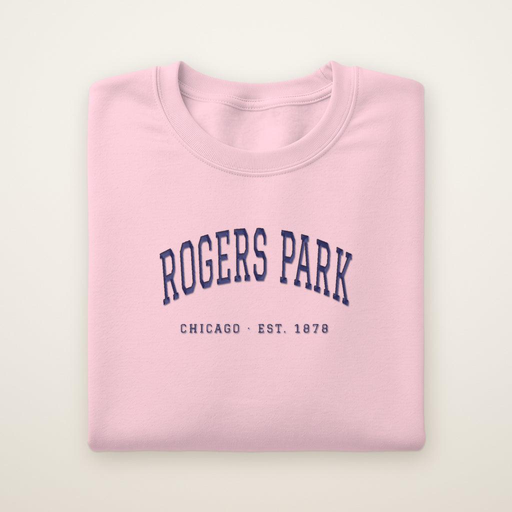 Rogers Park Chicago embroidered crewneck sweatshirt, Light Pink, navy embroidery