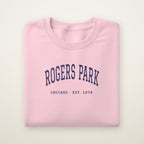 Rogers Park Chicago embroidered crewneck sweatshirt, Light Pink, navy embroidery